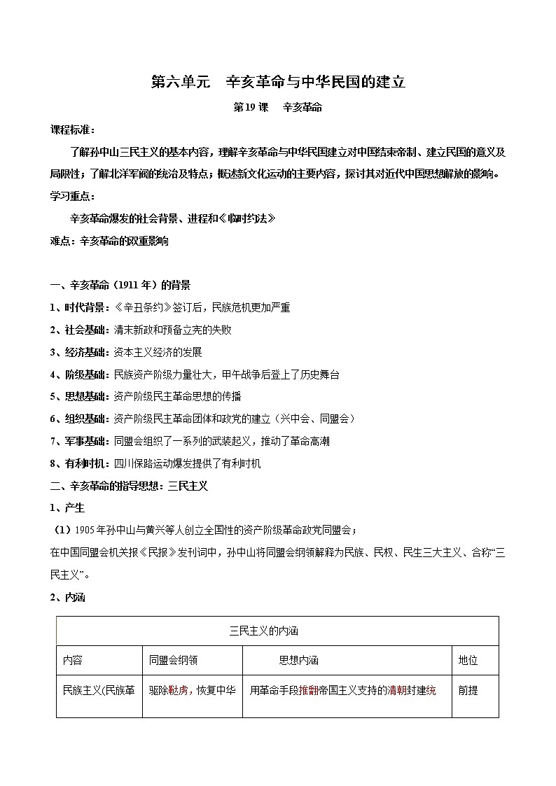 (新高考)高考历史一轮复习知识梳理第六单元　辛亥革命与中华民国的建立（中外历史纲要上）第1页