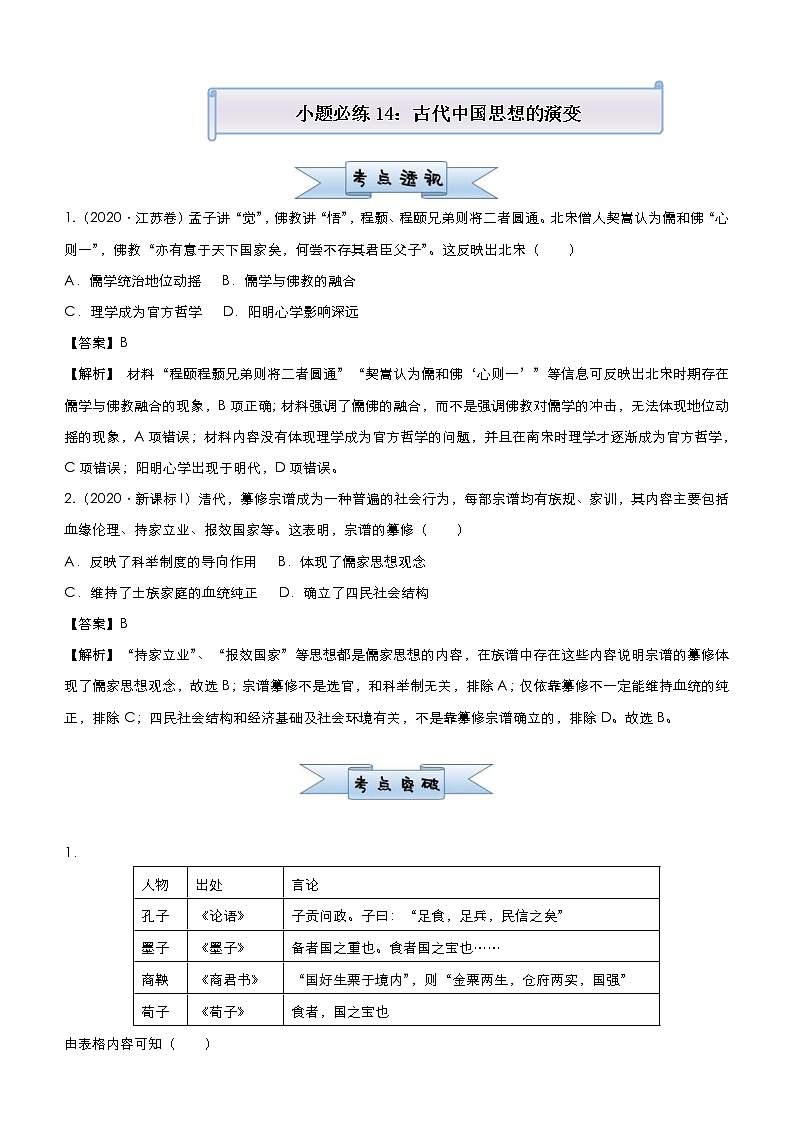 （新高考）高考历史二轮复习小题必练14 古代中国思想的演变 教师版第1页