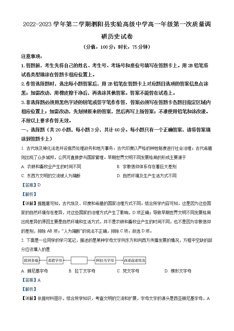 2023宿迁泗阳县实验高级中学高一下学期第一次质量调研历史试题含解析01