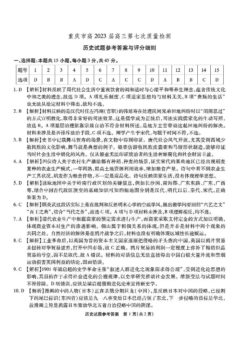 2023届重庆市南开中学等校高三下学期第七次联考质量检测试题 历史 PDF版01