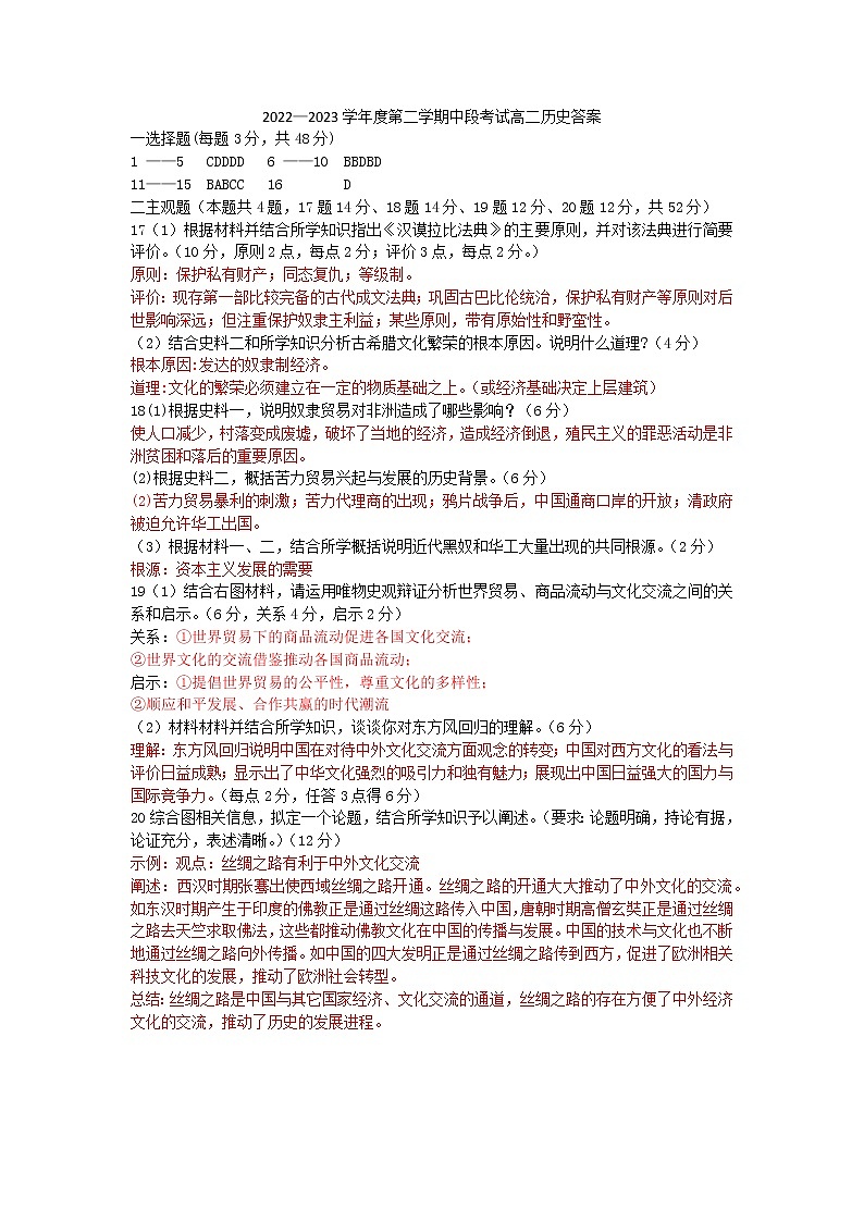 2022—2023学年度第二学期中段考试高二历史答案第1页