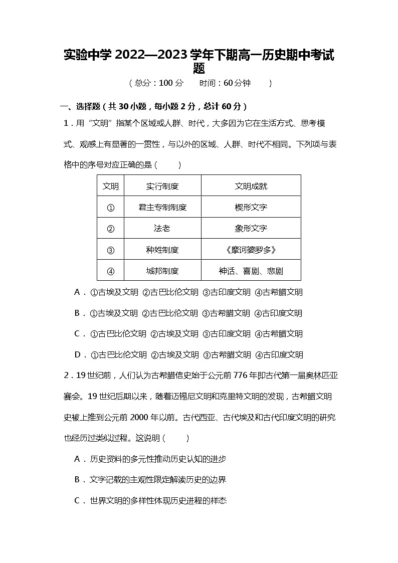 重庆市江津实验中学校2022-2023学年高一下学期期中考试历史试题01