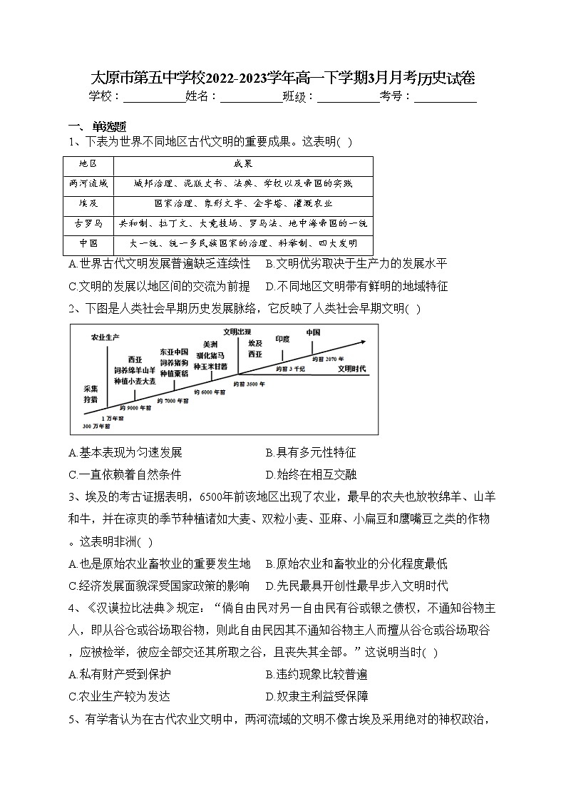 太原市第五中学校2022-2023学年高一下学期3月月考历史试卷(含答案)01