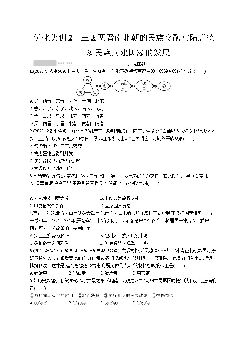 高考 优化集训2　三国两晋南北朝的民族交融与隋唐统一多民族封建国家的发展 试卷01