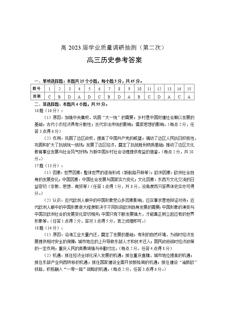 2023重庆市高三二诊（教科院卷）高2023届学业质量调研抽测历史试题01
