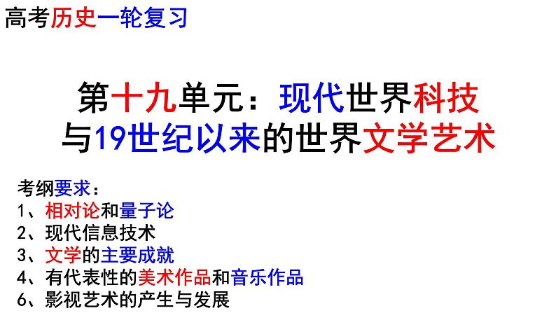 第十九单元：现代世界科技与19世纪以来的世界文学艺术 高考历史一轮复习课件PPT第1页