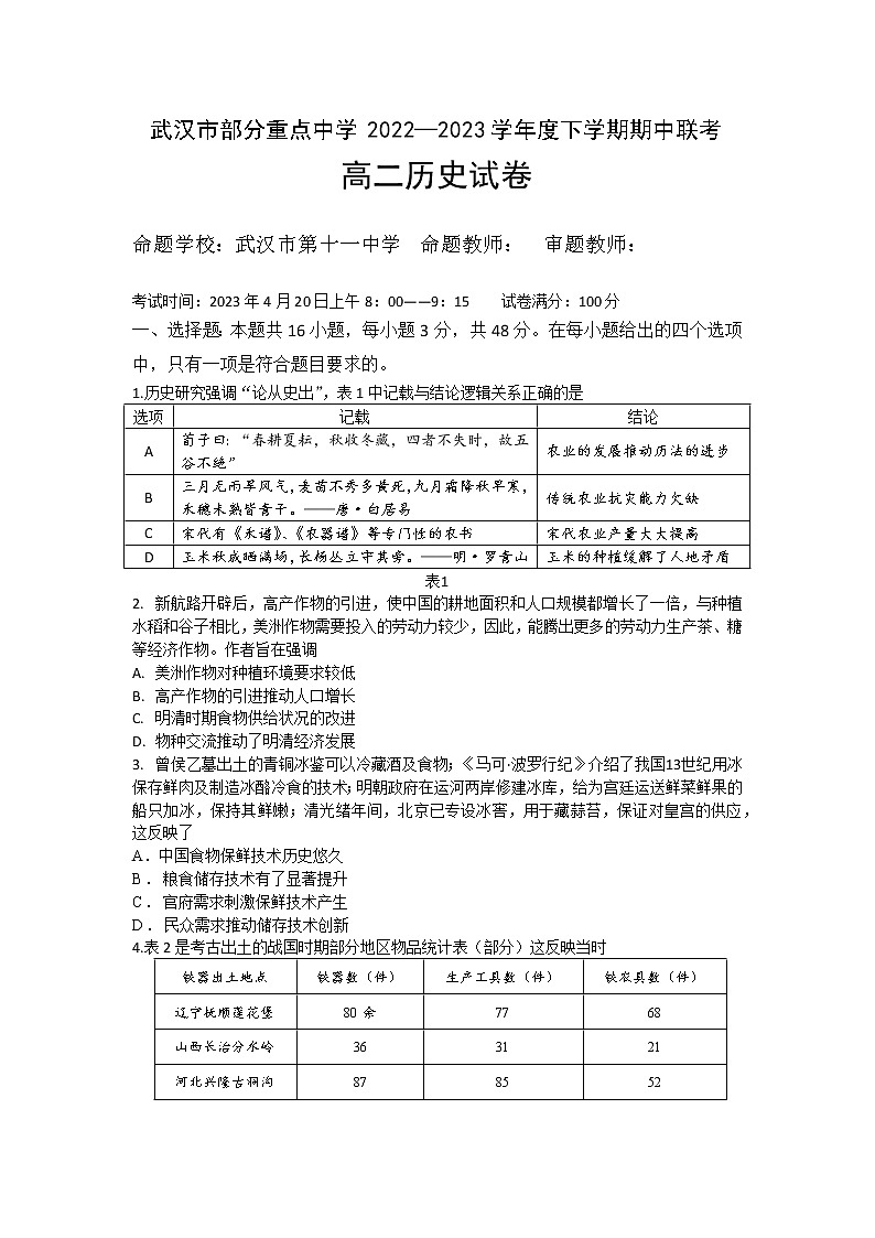 2023武汉部分重点中学高二下学期期中联考试题历史含答案01