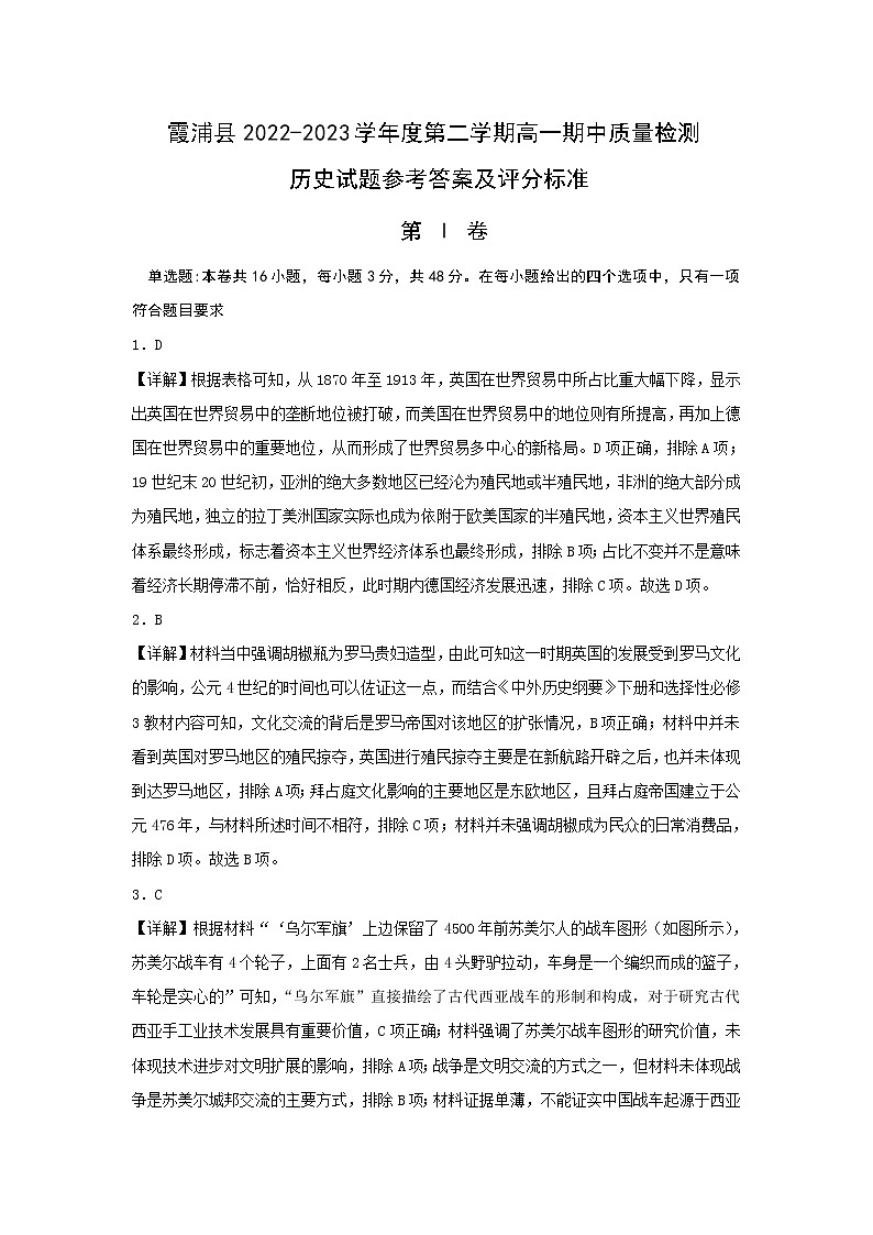 高一历史试题参考答案及评分标准第1页