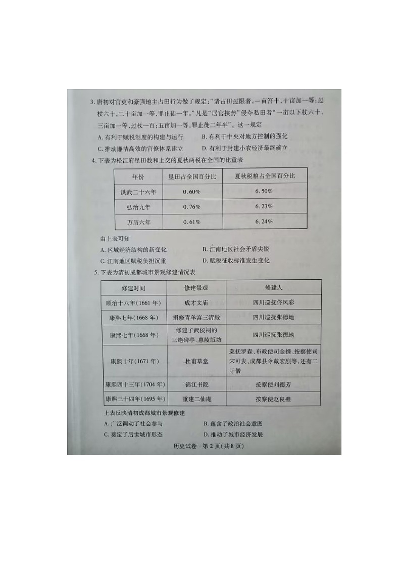 2023届第八届湖北省高三4月调研模拟考试历史试题第2页