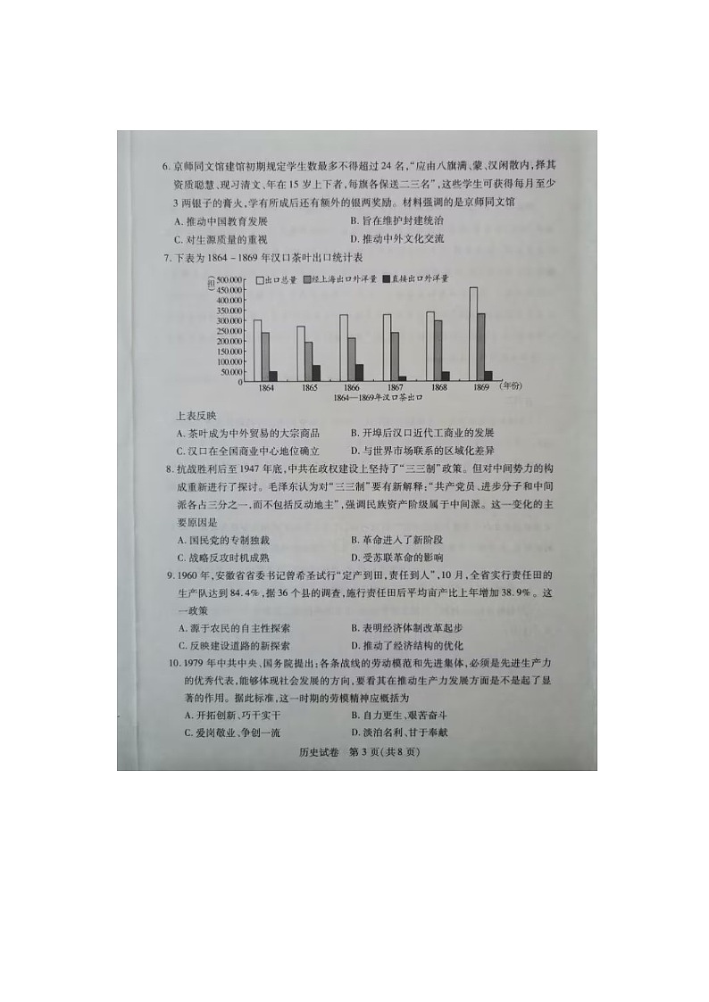 2023届第八届湖北省高三4月调研模拟考试历史试题第3页