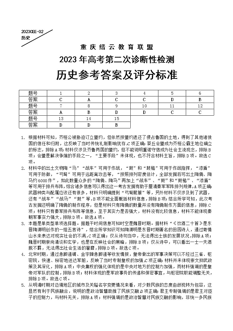 重庆缙云教育联盟2023年高考第二次诊断性检测 历史试题及答案01