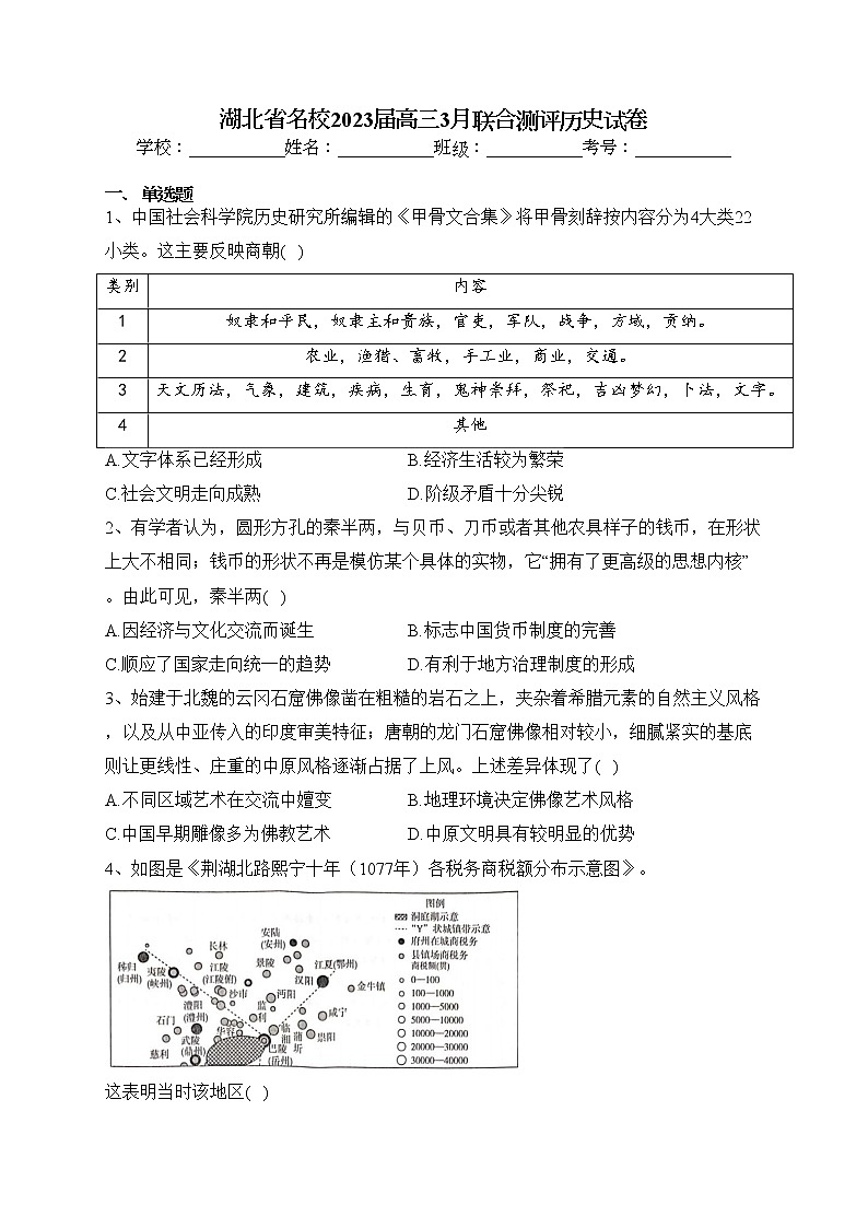 湖北省名校2023届高三3月联合测评历史试卷（含答案）01