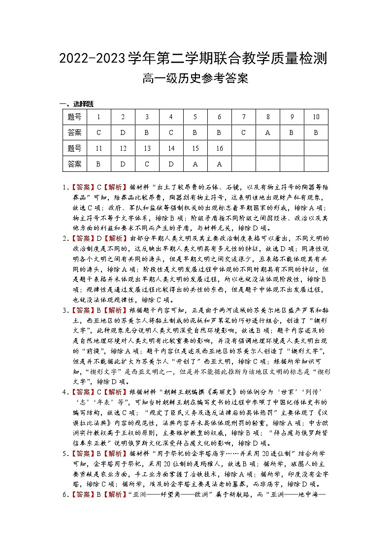 广东省肇庆市封开县广信中学等几校2022-2023学年高一下学期期中联考历史答案第1页