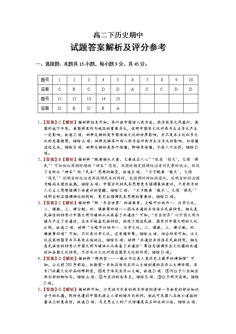 山东省潍坊新纪元学校2022-2023学年高二下学期期中考试历史试题01