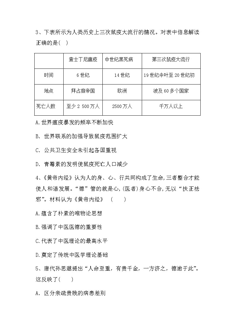 第六单元 医疗与公共卫生 单元检测--2022-2023学年高中历史统编版（2019）选择性必修二第2页
