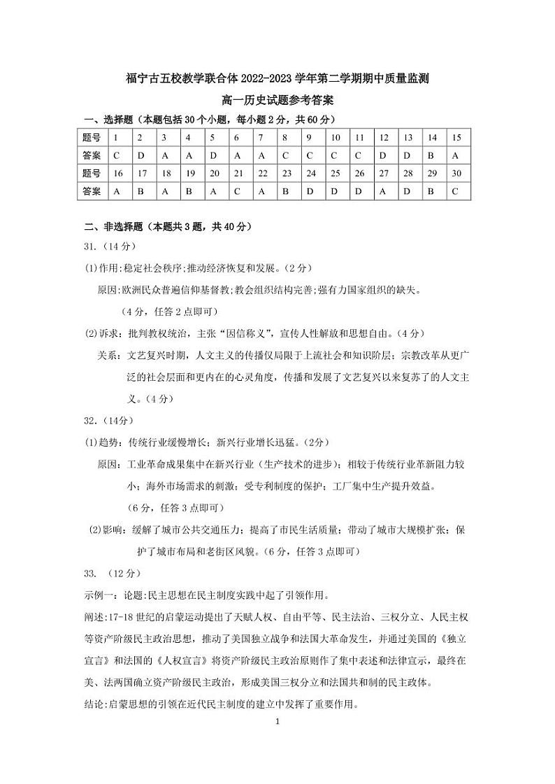 高一历史参考答案第1页