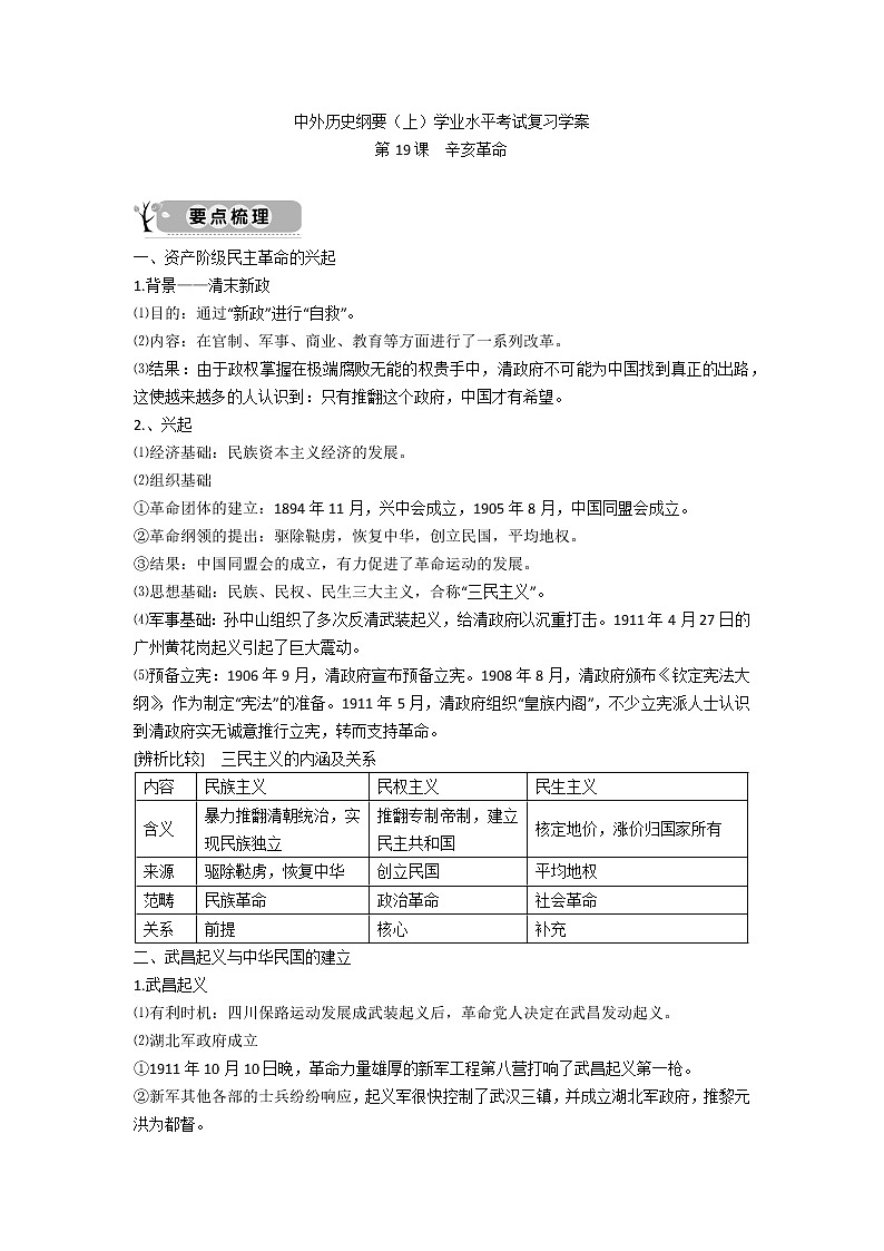 中外历史纲要（上）学业水平考试复习学案 第19课 辛亥革命01