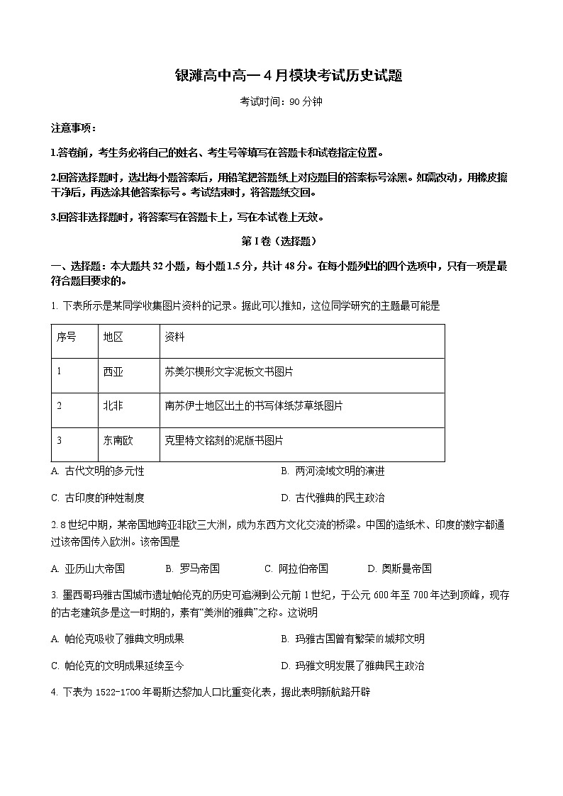2022-2023学年山东省乳山市银滩高级中学高一下学期4月月考历史试题含答案第1页