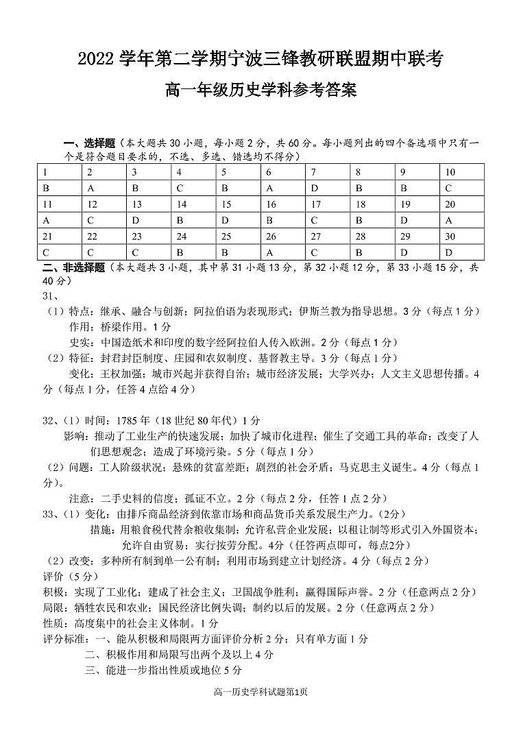 2022-2023学年浙江省宁波市三锋教研联盟第二学期高一期中联考历史试题PDF版含答案01
