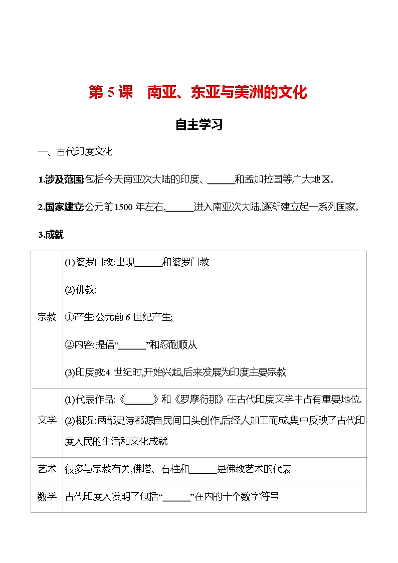 2022-2023 浙江 部编版高中历史 选择性必修3 第二单元  第5课　南亚、东亚与美洲的文化 学案01