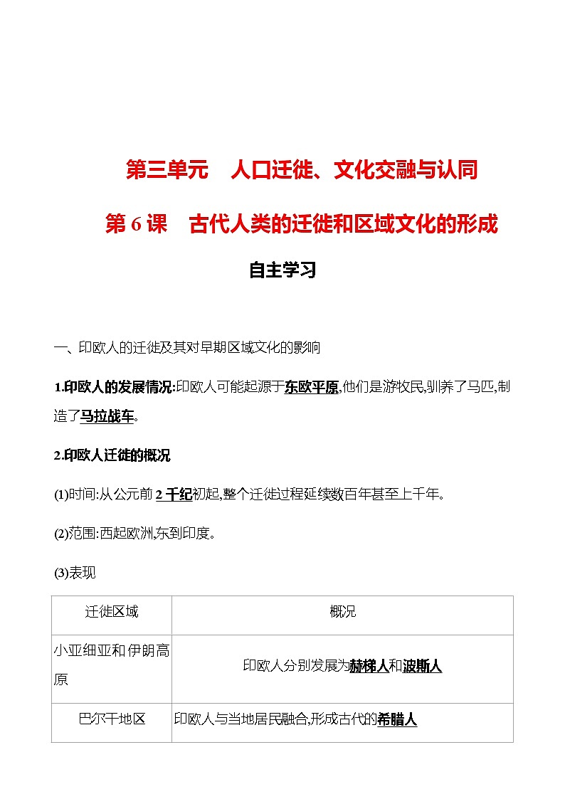 2022-2023 浙江 部编版高中历史 选择性必修3 第三单元  第6课　古代人类的迁徙和区域文化的形成 学案01