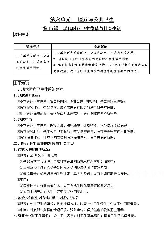 第15课 现代医疗卫生体系与社会生活【导学案】--2022-2023学年高中历史统编版（2019）选择性必修2经济与社会生活01