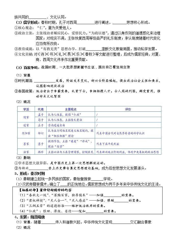 第1课中华优秀传统文化的内涵和特点 学案--2022-2023学年高中历史统编版（2019）选择性必修302