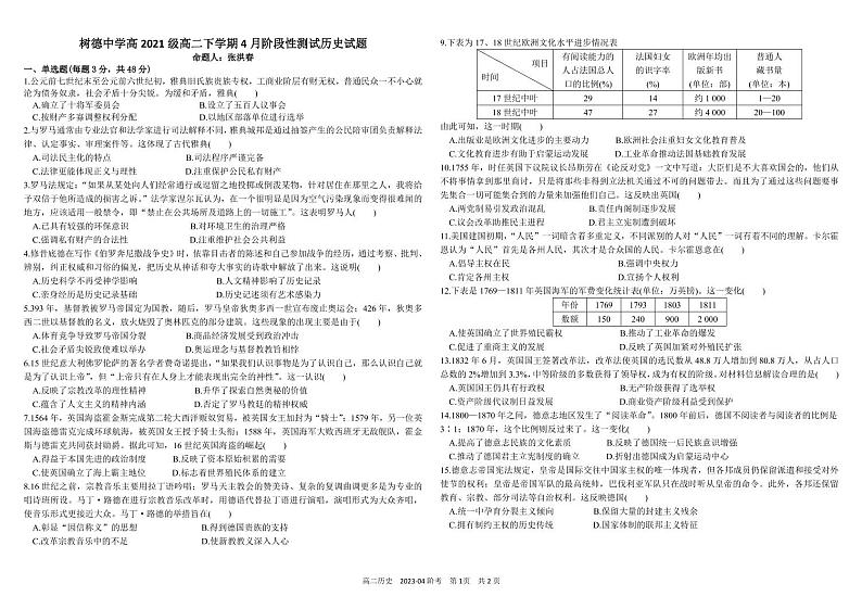 2022-2023学年四川省成都市树德中学高二下学期4月月考试题历史PDF版含答案01