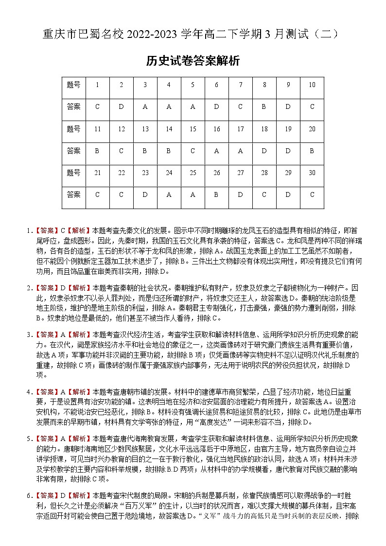 重庆市巴蜀名校2022-2023学年高二下学期3月测试（二）历史答案解析第1页