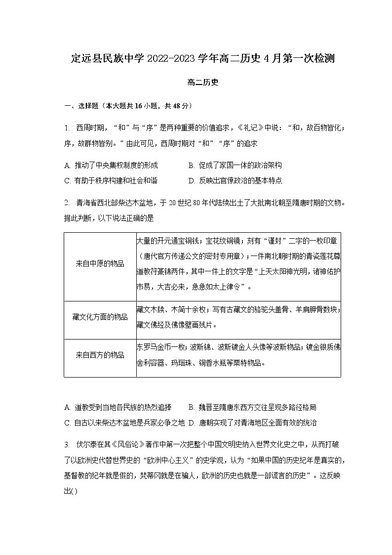 安徽省定远县民族中学2022-2023学年高二历史4月第一次检测试卷第1页
