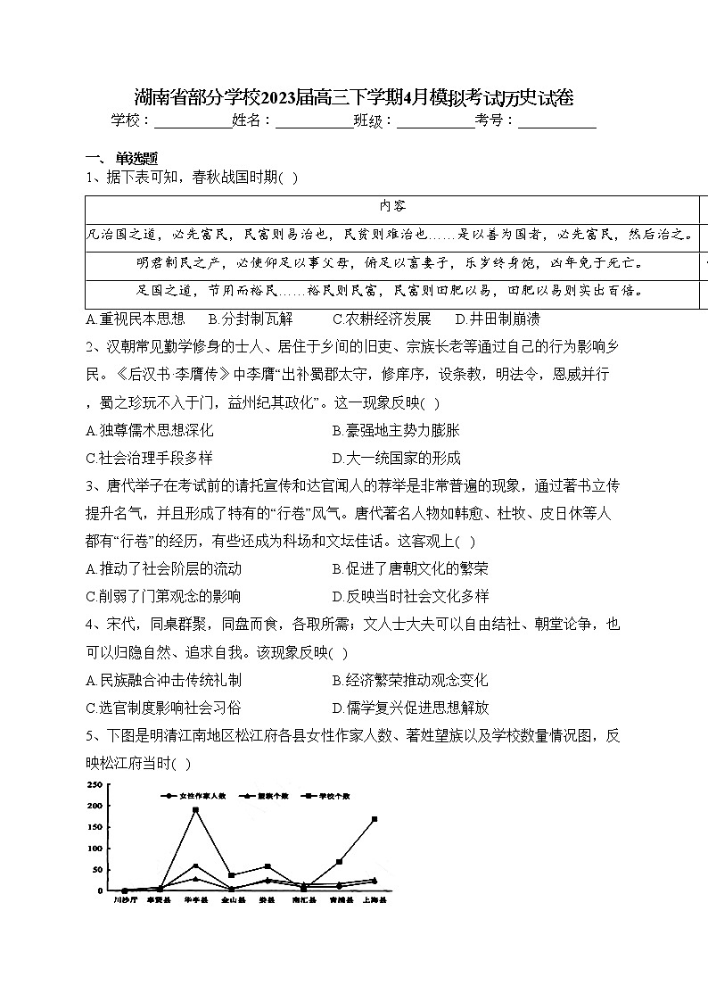 湖南省部分学校2023届高三下学期4月模拟考试历史试卷(含答案)01