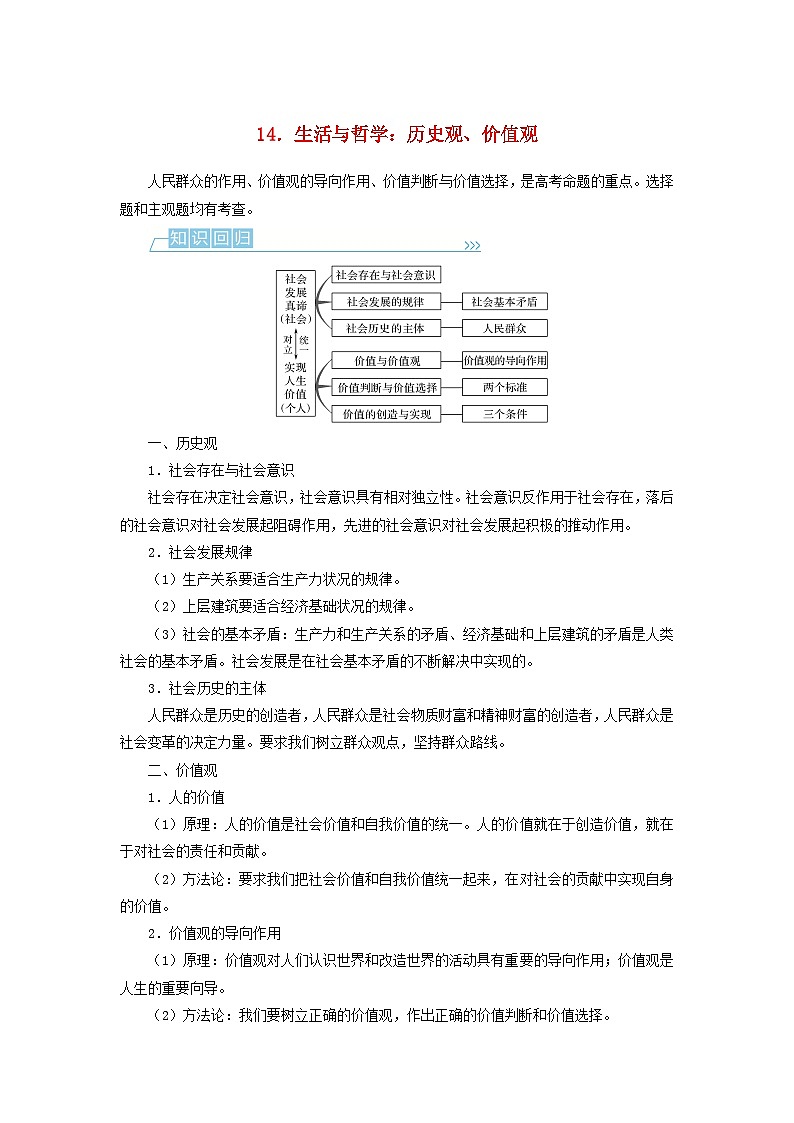 （统考版）2023高考政治二轮专题复习 第二篇 考前回顾14 生活与哲学：历史观、价值观第1页