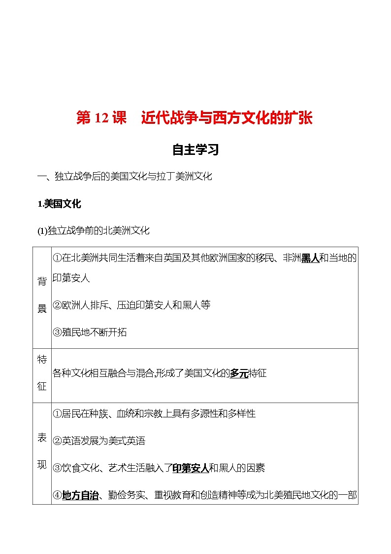 第12课 近代战争与西方文化的扩张 导学案--2022-2023学年浙江省高中历史统编版（2019）选择性必修3文化交流与传播01