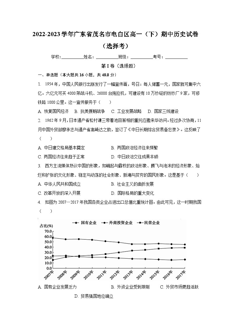 广东省茂名市电白区2022-2023学年高一下学期期中考试历史试卷（选择考）第1页