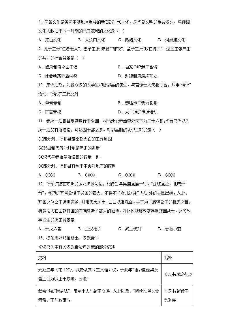 第一单元 从中华文明起源到秦汉统一多民族封建国家的建立与巩固 检测题--2022-2023学年高中历史统编版（2019）必修中外历史纲要上册第2页