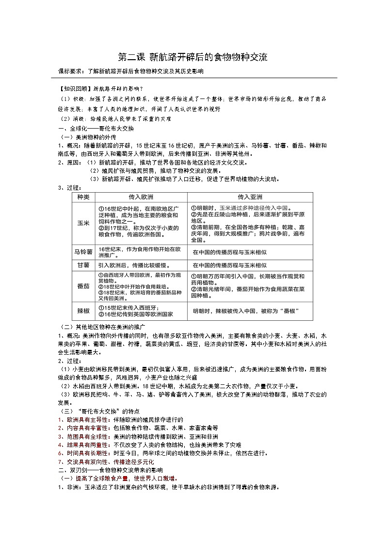 第二课 新航路开辟后的食物物种交流 教案01