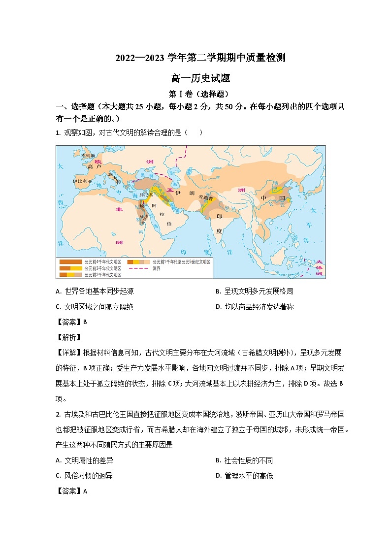 山东省济宁市兖州区2022-2023学年高一历史下学期期中考试试题（Word版附解析）第1页