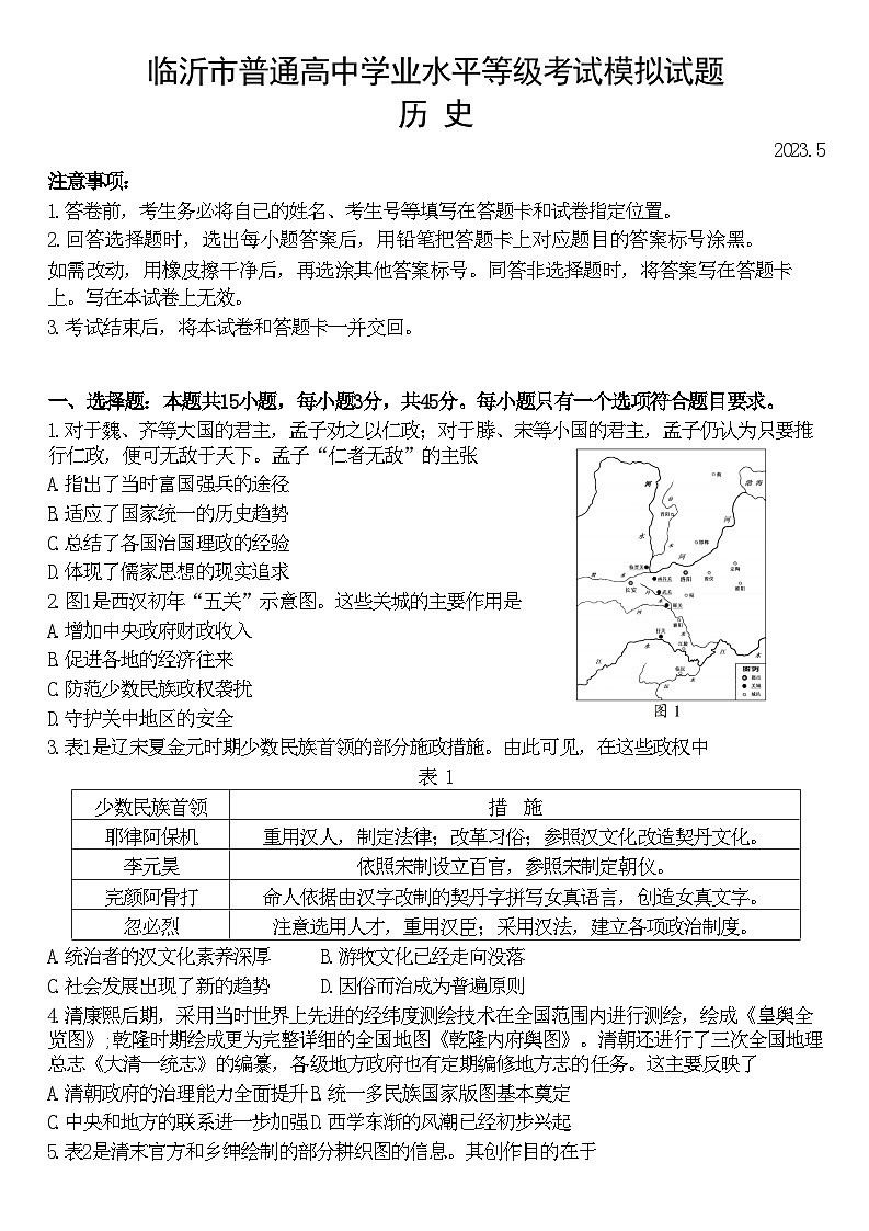 2023届山东省临沂市高三二模考试历史试题01