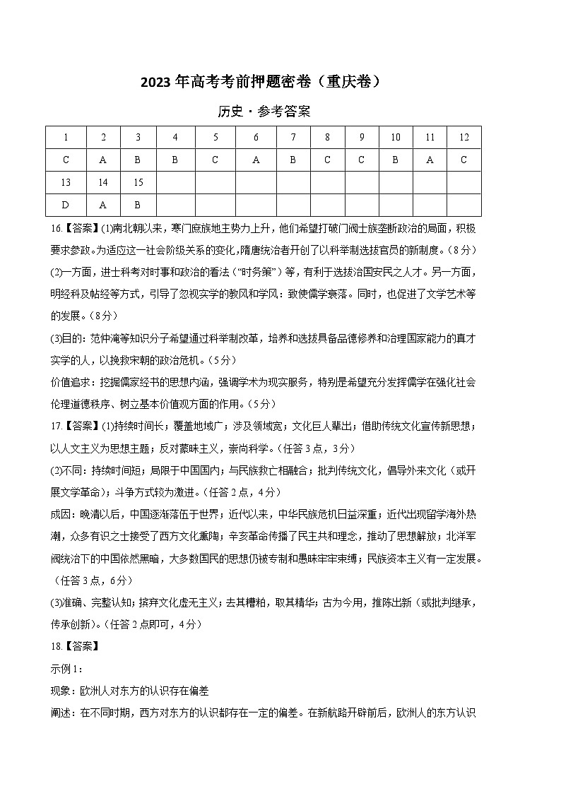 2023年高考考前押题密卷：历史（重庆卷）（参考答案）（需要分值）01