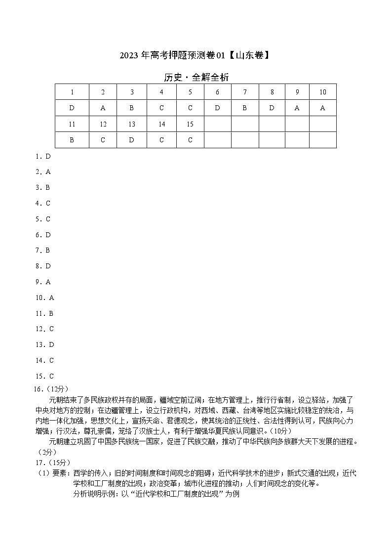 2023年高考押题预测卷01（山东卷）-历史（参考答案）01