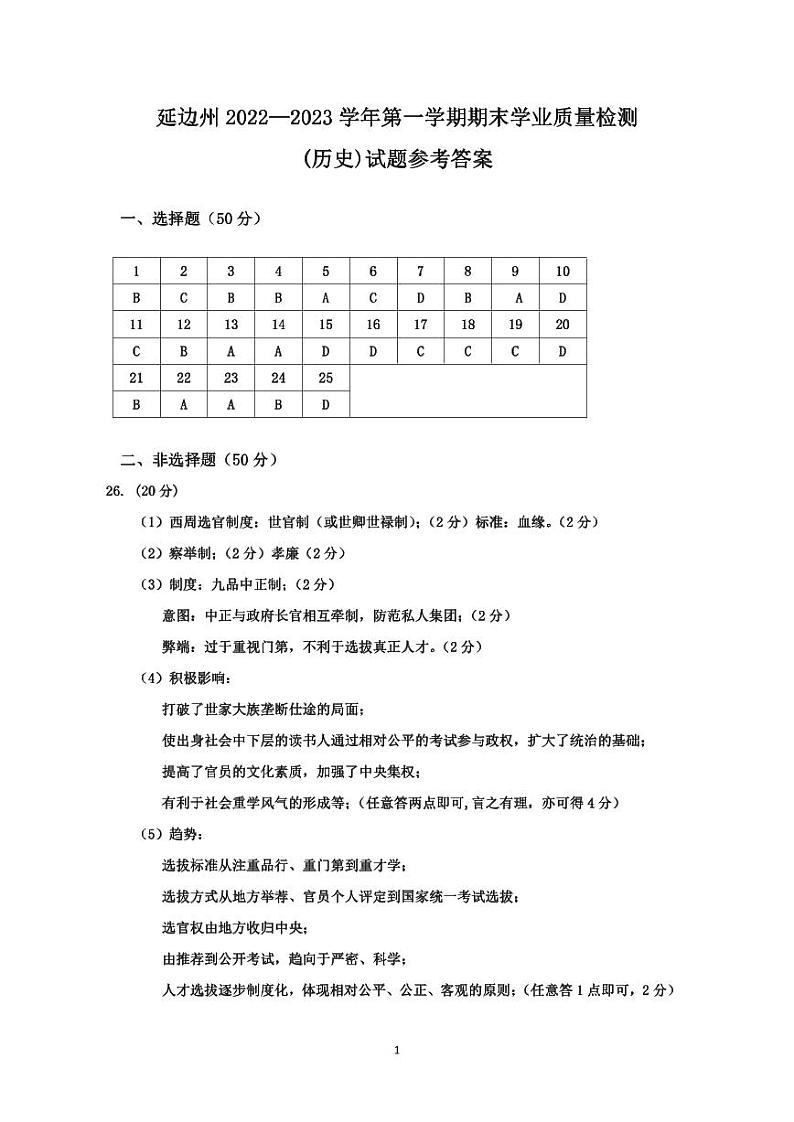 吉林省延边州2022-2023学年高一上学期期末学业质量检测历史答案第1页