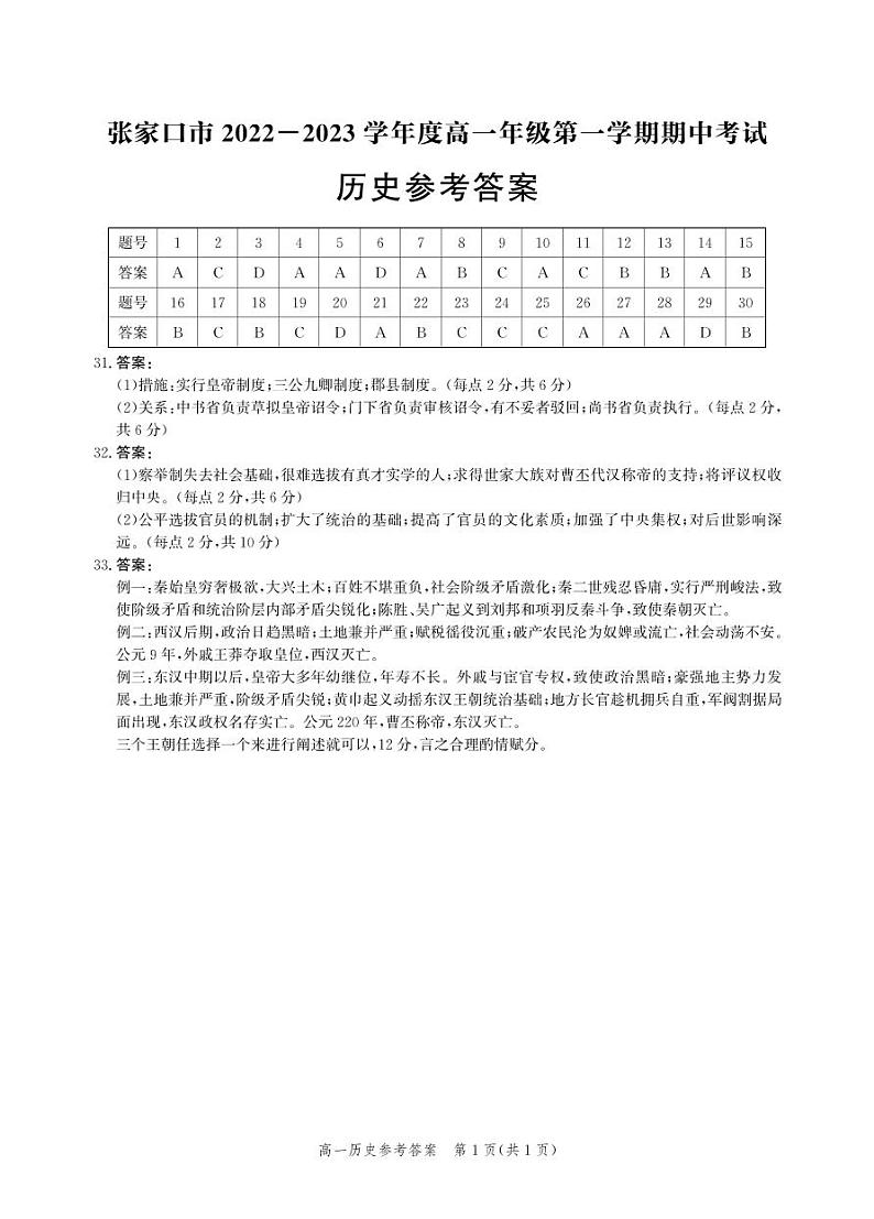 2022-2023学年河北省张家口市高一上学期期中考试历史PDF版含答案01