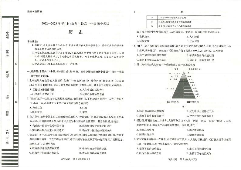 2022-2023学年河南省南阳市六校高一上学期期中联考历史试题PDF版含答案01