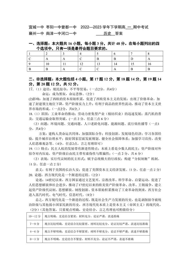 湖北省宜城市第一中学、枣阳一中等六校2022-2023学年高一下学期期中考试历史试题答案第1页