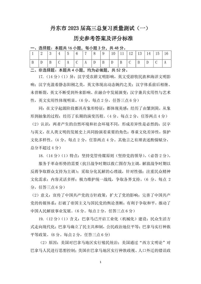 2023届辽宁省丹东市高三下学期总复习质量测试（一）（一模）历史PDF版含答案01