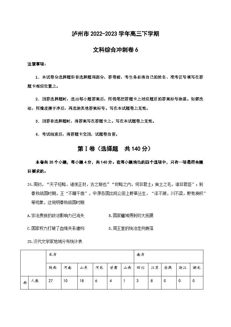 2022-2023学年四川省泸州市高三下学期冲刺（六）历史卷含解析第1页