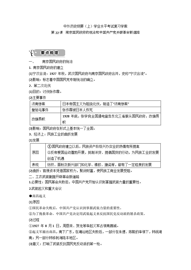 中外历史纲要（上）学业水平考试复习学案 第22课　南京国民政府的统治和中国共产党开辟革命新道路01