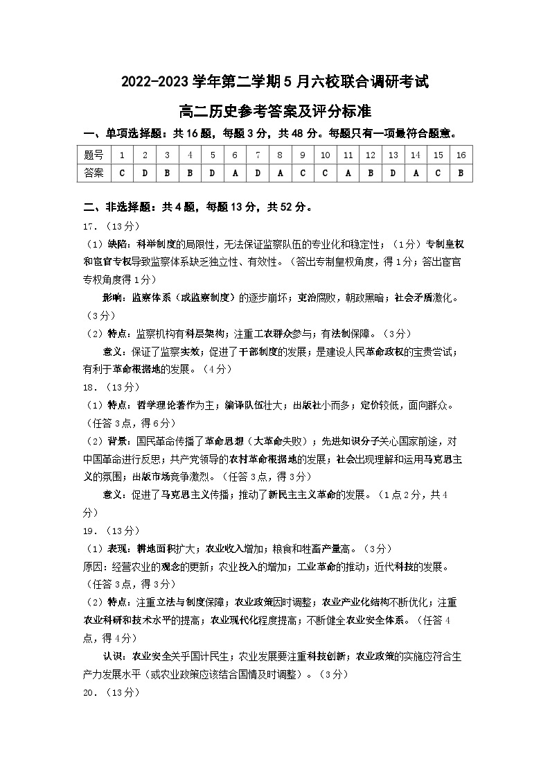 江苏省南京市六校联合体2022-2023学年高二下学5月联合调研（期中）历史试题01