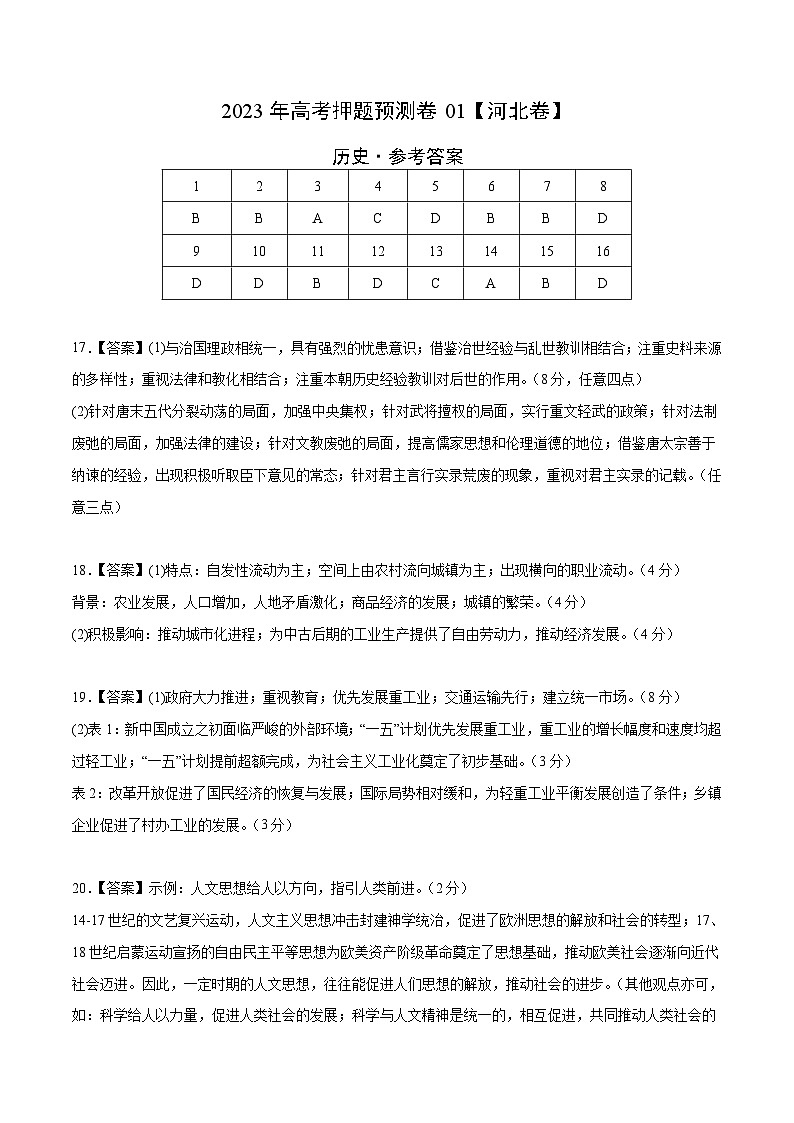 2023年高考历史押题卷01（河北卷）（参考答案）第1页