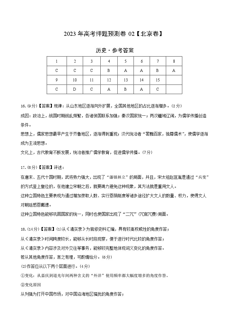 2023年高考历史押题卷02（北京卷）（参考答案）第1页